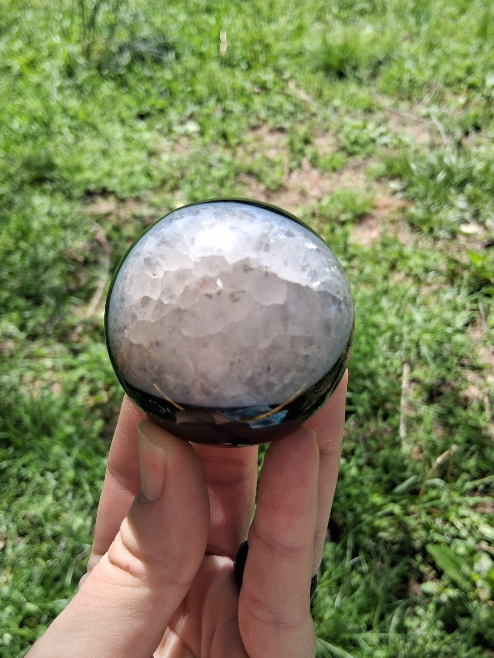 Black Agate Diamond Shaped Druzy Smooth Crystal Sphere Ball Orb Quartz